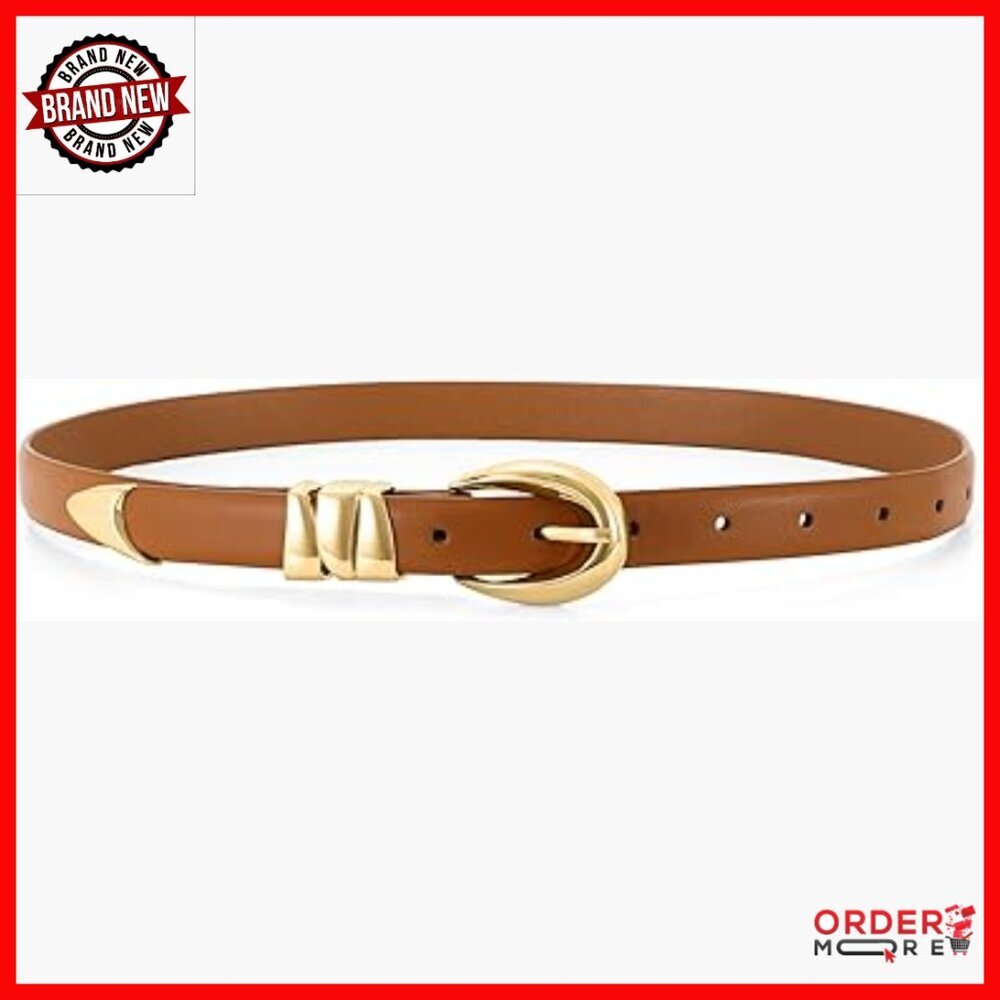 Skinny Leather Belt with Gold Buckle for Jeans Dresses Pants